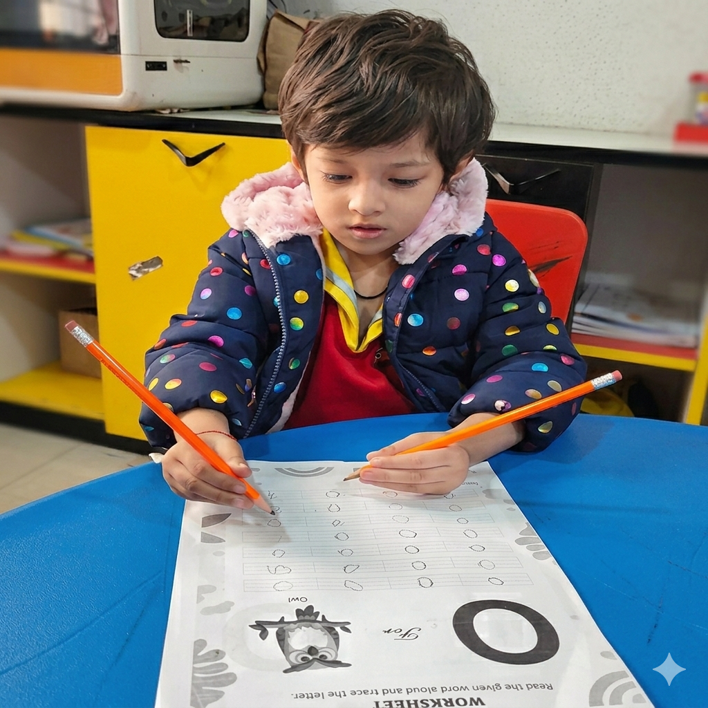 Young Indian child writing confidently with both hands simultaneously on paper at desk